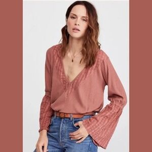 Free People Parisian Nights Rose Ribbed Bell Sleeve Eyelet Top Womens Small Boho